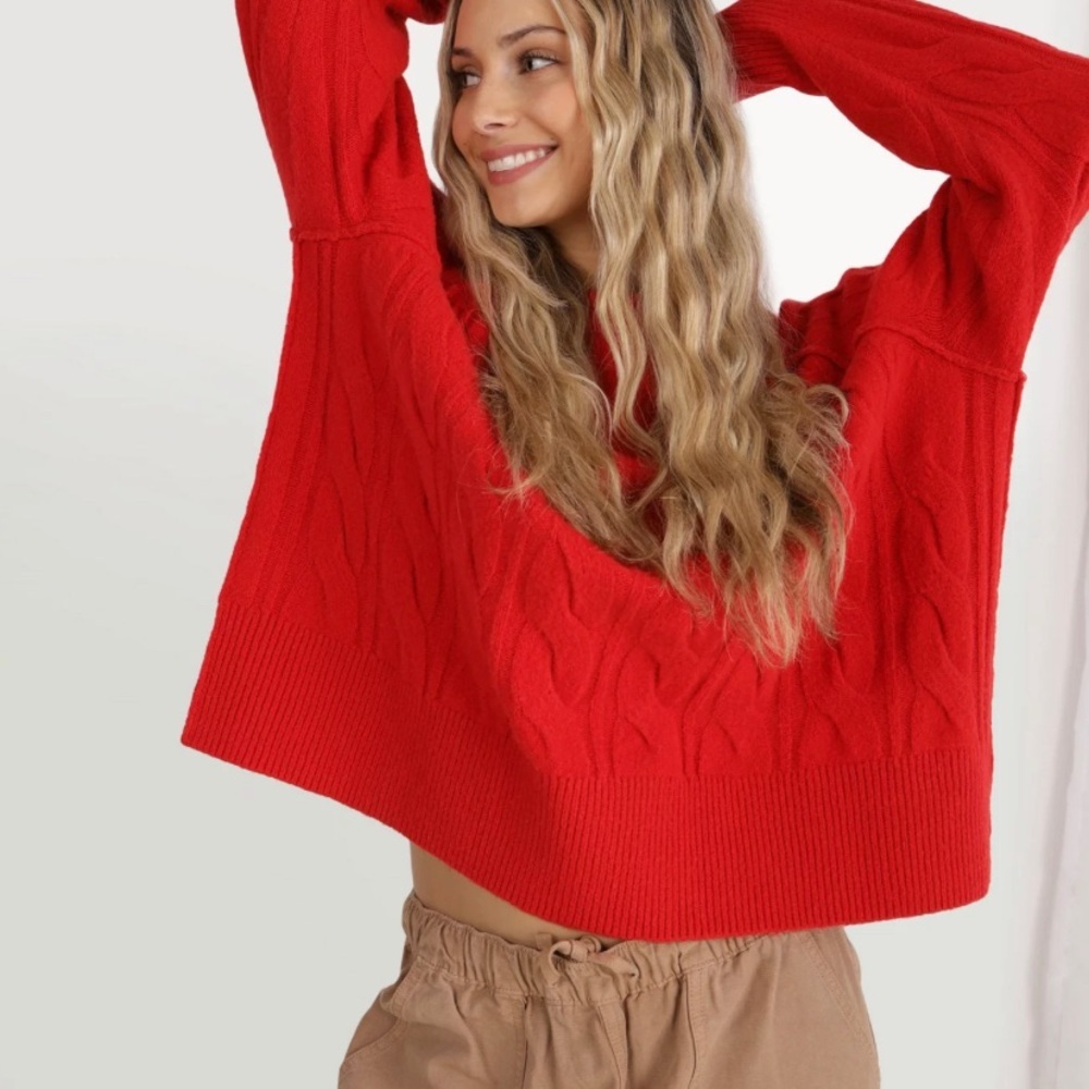 aerie Red Cable-Knit Scoop Crew Sweater XS